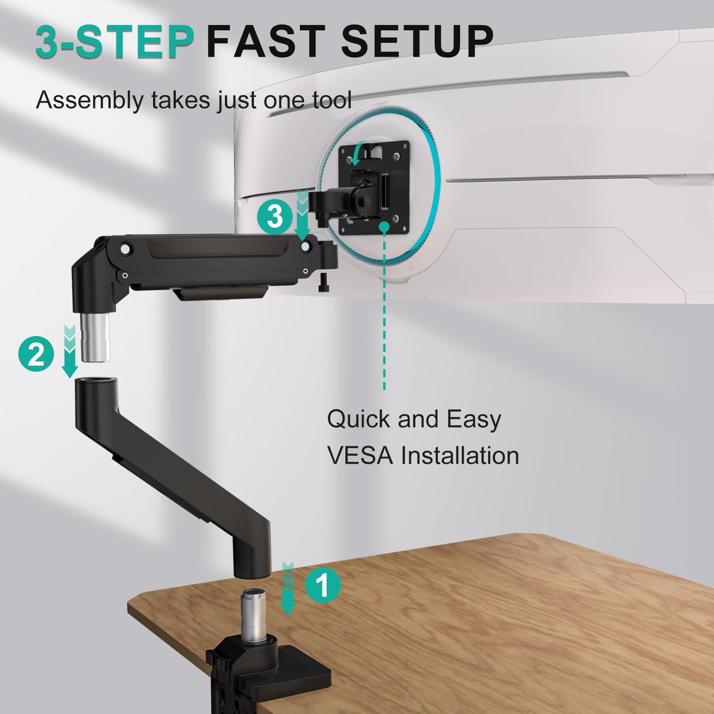 WALI Ultrawide Monitor Arm for 17-49 Inch Heavy Duty Curved Screens, Holds up to 44 Lbs, Adjustable Gas Spring Single Monitor Desk Mount with C-Clamp, Grommet Base, 75/100mm VESA, (GSM001XL), Black