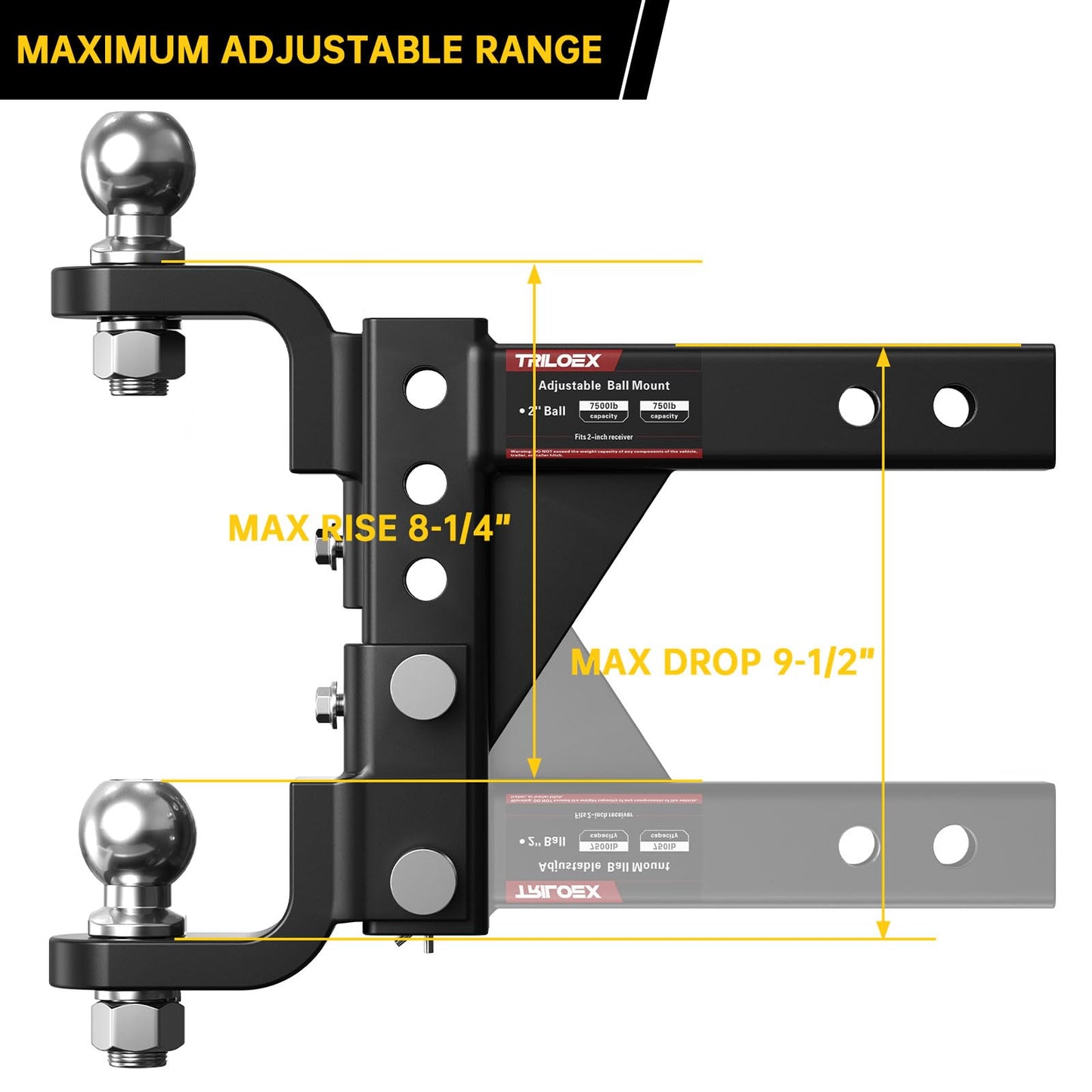 Adjustable Trailer Hitch Ball Mount, Fits 2" Receiver, 2" Tow Ball, 9-1/2" Drop&8-1/4" Rise, 7500lbs Heavy Duty Hitch with Screw-in Locking Pin