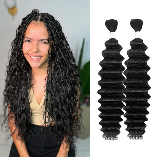 Deep Wave Human Braiding Hair 24Inch 2 Bundles 100g Bulk Human Hair for Braiding No Weft Human Braiding Hair for Boho Braids Wet and Wavy 100% Brazilian Virgin Curly Hair for Braiding Hair Extensions