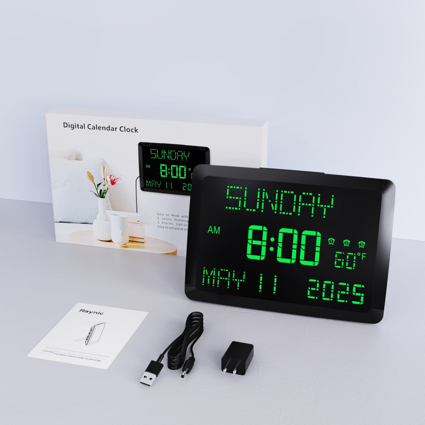 Raynic Day Clock, 11.5" Large Display Calendar Clock with Day and Date, Indoor Temperature, Adjustable Brightness, Snooze,12/24H, DST for Home, Office, Elderly