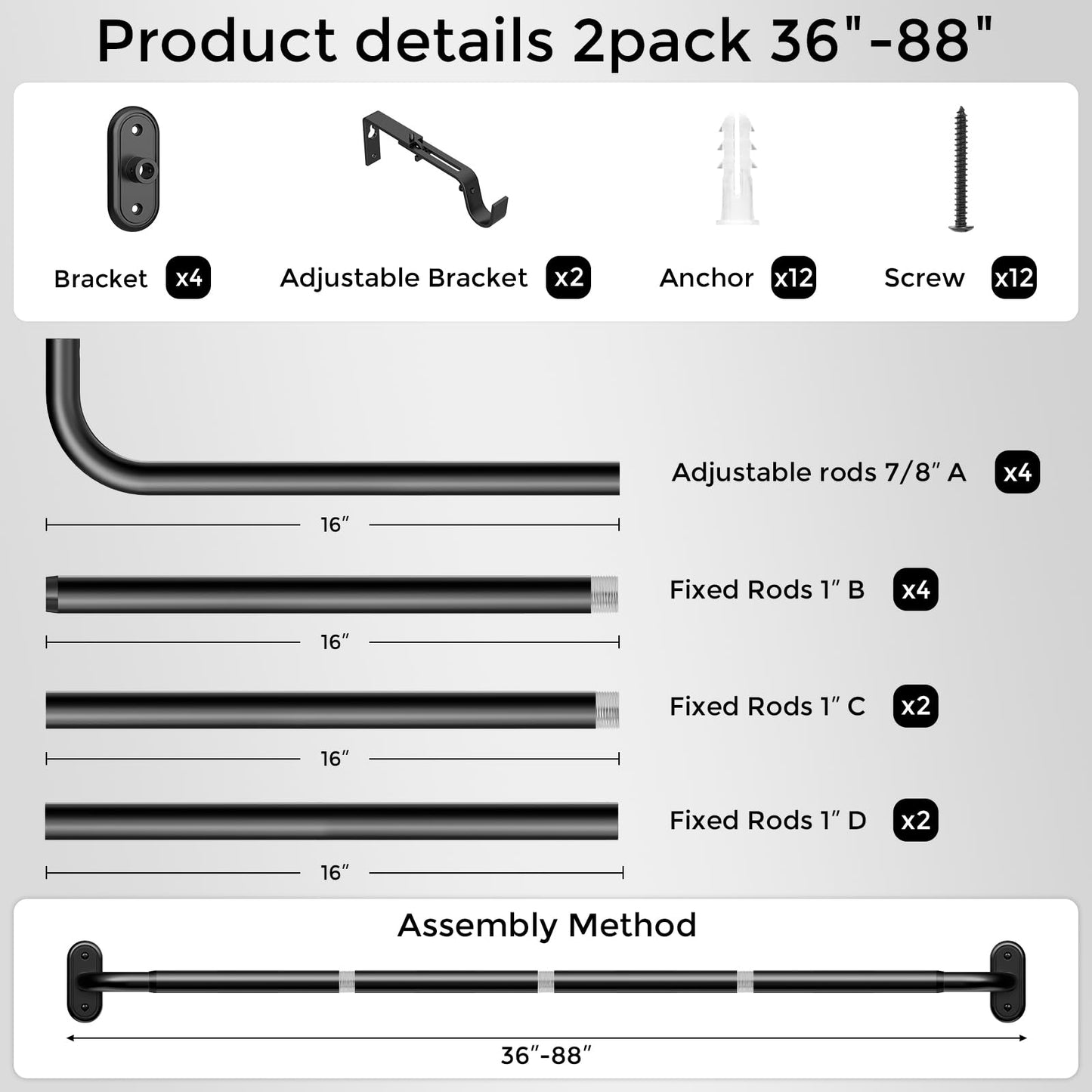 Wolistsa 2 Pack Curtain Rods 36-88 Inch, Black Wrap Around Blackout Curtain Rods for Windows, 1 Inch Adjustable Heavy Duty Room Darkening Window Treatment Rod for Bedroom, Living Room, Sliding Door
