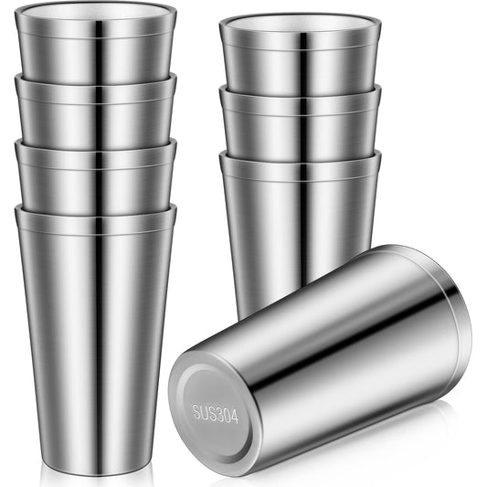 8 Pack Stainless Steel Cups 16 Oz, Double Wall Vacuum Pint Cup Tumbler, Stackable Metal Unbreakable Drinking Glasses for Home and Outdoor