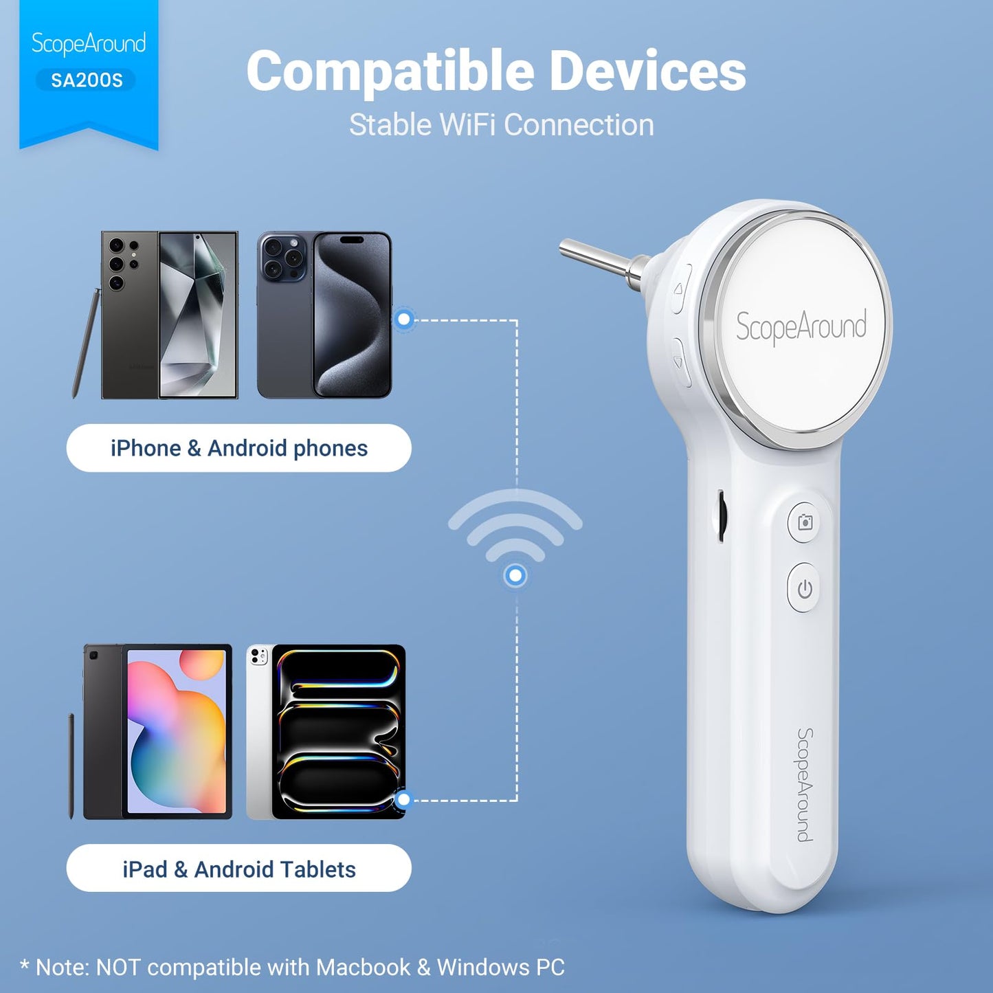 ScopeAround Otoscope with Light, Digital Otoscope w/1.85in IPS Screen, 720p HD Ear Wax Removal Tool Camera, Video Otoscope Ear Camera with 6 LED Lights, Compatible with Android/iPhone