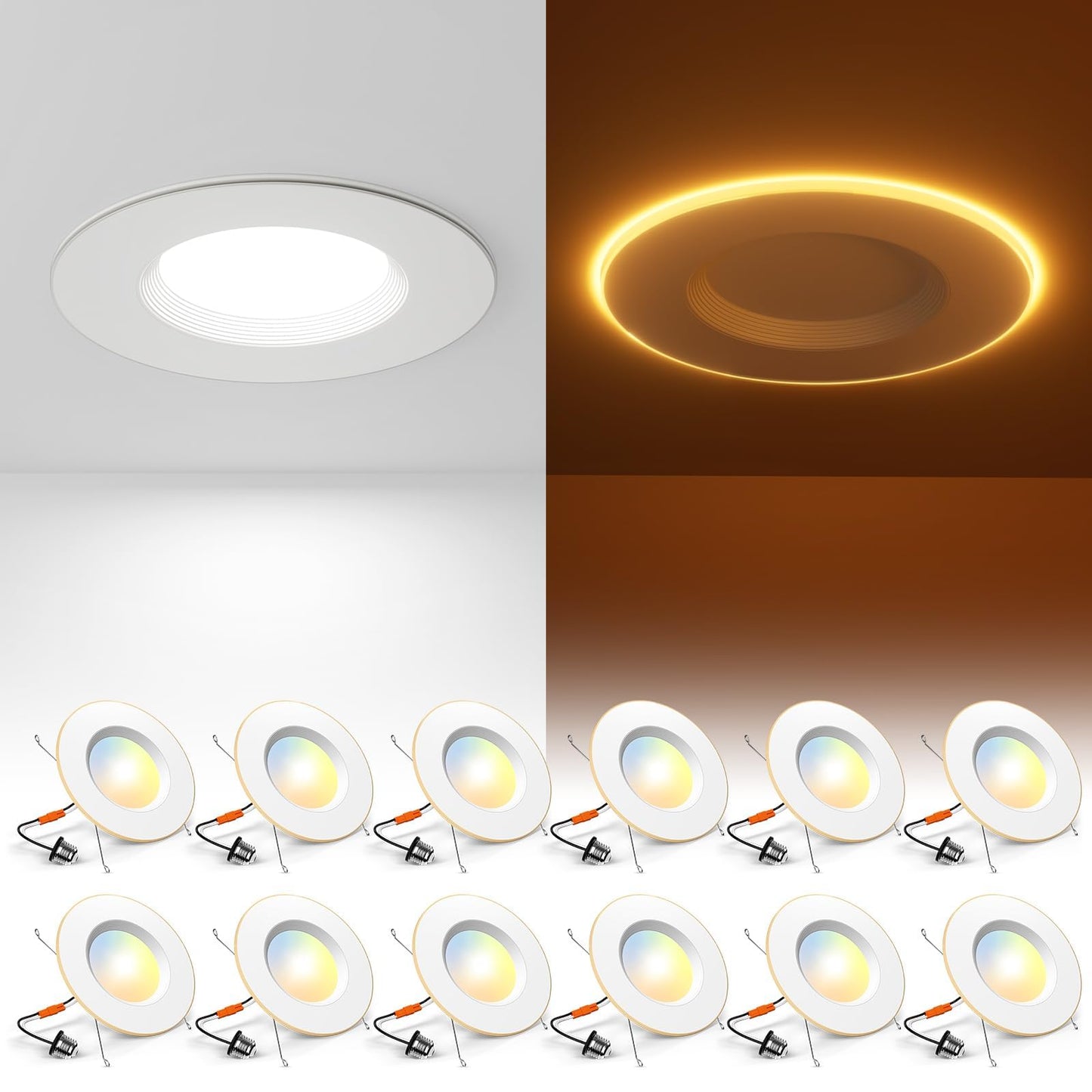 Amico 12 Pack 5/6 Inch LED Can Lights with Night Light, 5CCT Retrofit Recessed Lighting Selectable 2700/3000/4000/5000/6000K, Dimmable, 12W=110W, 1100LM Downlight - ETL & FCC