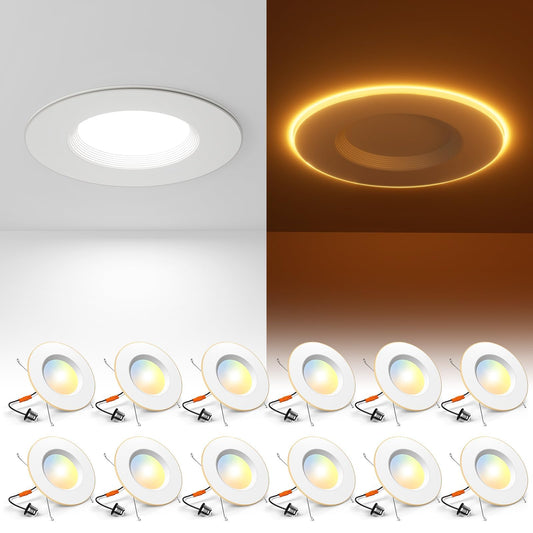 Amico 12 Pack 5/6 Inch LED Can Lights with Night Light, 5CCT Retrofit Recessed Lighting Selectable 2700/3000/4000/5000/6000K, Dimmable, 12W=110W, 1100LM Downlight - ETL & FCC