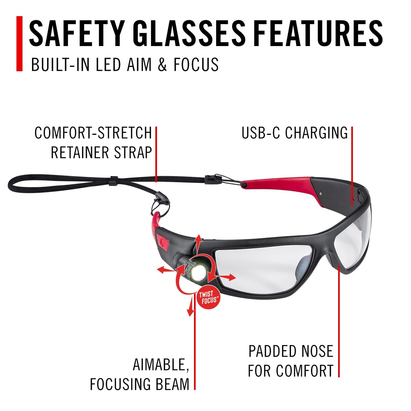 CoastSPG500 Rechargeable Lighted LED SafetyGlasses,Bulls-Eye Spot Beam,ANSI Z87Standards, 2Scratch Resistant Lenses (Clear,Yellow) Included, UVProtection, Protective Carrying Case Included (Black/Red)