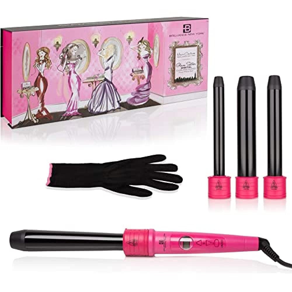 Brilliance New york Women's C4HP Digital Quad Barrel Curling Iron Diamond Dust Technology | Plus Free Heat Resistant Glove, Hot Pink