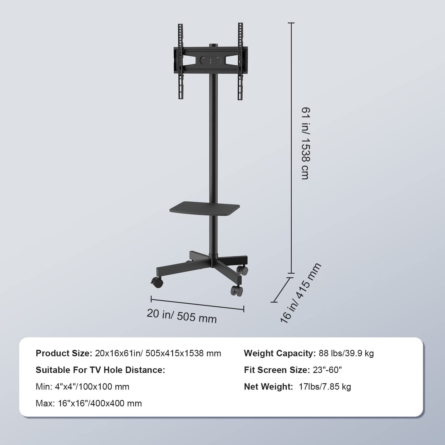 VEVOR Mobile TV Stand, Mobile TV Cart for 23 to 60 inch TVs, Height Adjustable Portable TV Stand with Wheels, with A Tray for Audio-Visual Devices, Rolling TV Stand with Mount for Bedroom, Living Room