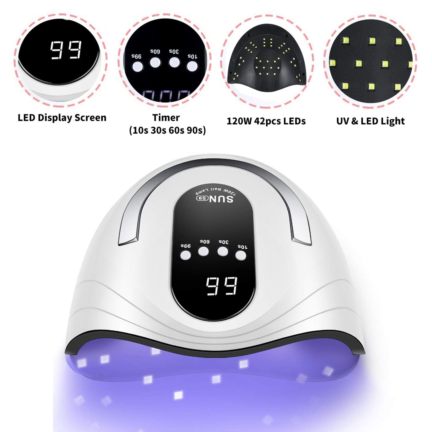 Sunrich UV Gel Nail Lamp 120W LED Nail Light Fast Dryer for Gel Polish Curing with 4 Timers Portable Handle Large Space Automatic Sensor (White)