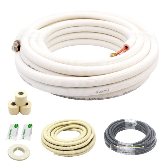 25ft Length Mini Split Line Set,1/4" 1/2" OD Copper Pipes Tubing and 3/8 White PE Thickened Insulated Coil with Flared Nuts for Mini Split Air Conditioner HVAC or Heat Pump System. (25Ft(1/4+1/2))