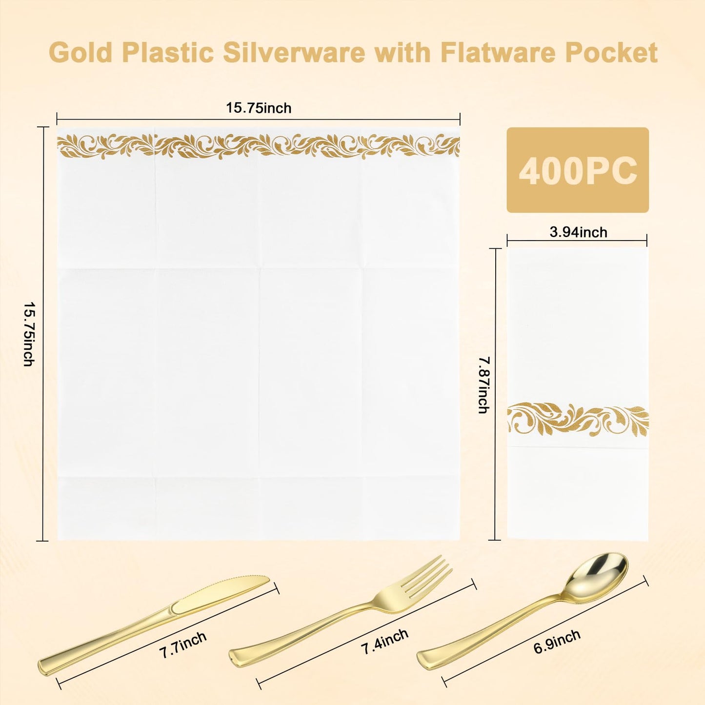 Goodluck 400 PCS Gold Plastic Silverware with Pocket Napkins for 100 Guests, Heavy Duty Disposable Cutlery Set & Linen Feel Napkins, Plastic Flatware with Guest Towels for Wedding, Party and Catering