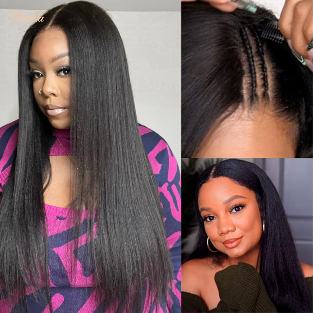 Nadula V Part Wig Yaki Straight Human Hair No Leave Out Glueless Upgraded U Part Wigs for Women,10A Yaki Straight V-part Wigs V Shape Clip in Half Wig Ready to Go 150% Density 16inch