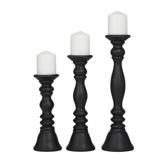 Deco 79 Wood Decorative Candle Holder Turned Style Pillar Candle Stand, Set of 3 Candlestick Holder 18, 15, 12'H, Black