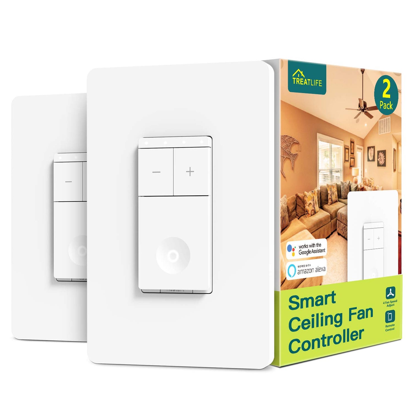 TREATLIFE Smart Ceiling Fan Control 2Pack, 4 Speed Fan Switch for Ceiling Fan, Neutral Wire Required, Compatible with Alexa and Google Assistant, Wall Control, Schedule, No Hub Required