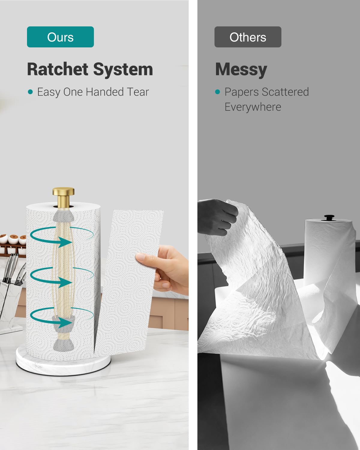 Paper Towel Holder Countertop, Marble Weighted Base, Warm Gold, One-Handed Tear, Freestanding Paper Towel Stand Rack with Ratchet Mechanism for Kitchen Bathroom Essential Decor Accessories