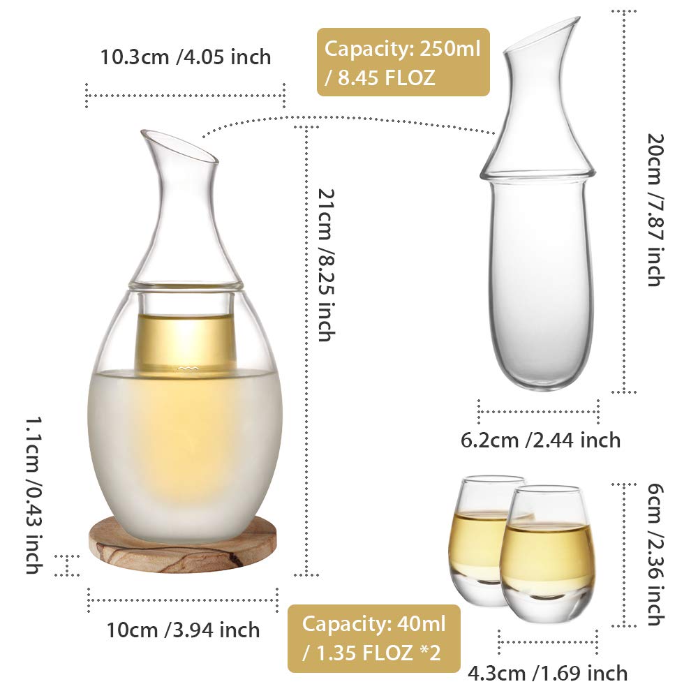 ZENS Sake Set Glasses, 8.5 Ounce Sake Carafe Cups with 6 Saki Cup Set for Warmer or Cold Japanese Wine with Stone Coaster Gift Sets