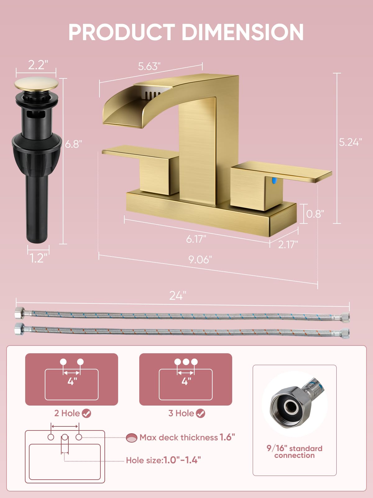 Cobbe Waterfall Bathroom Faucets 3 Hole, Brushed Gold Bathroom Sink Faucet Square 4 Inch Centerset with Pop-Up Drain, 2 Handle and 2 Supply Hoses, Lead-Free Stainless Steel for Vanity Sink Rv