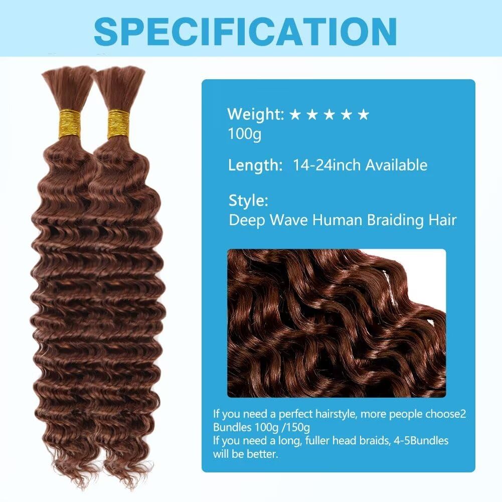 Brown Human Braiding Hair Deep Water Wave Bulk Human Hair 100g 18 Inch Color 30 Curly Human Hair for Boho Braids Hair Extensions No Weft 2 Braids Per Pack Wet and Wavy Human Hair Braiding Hair
