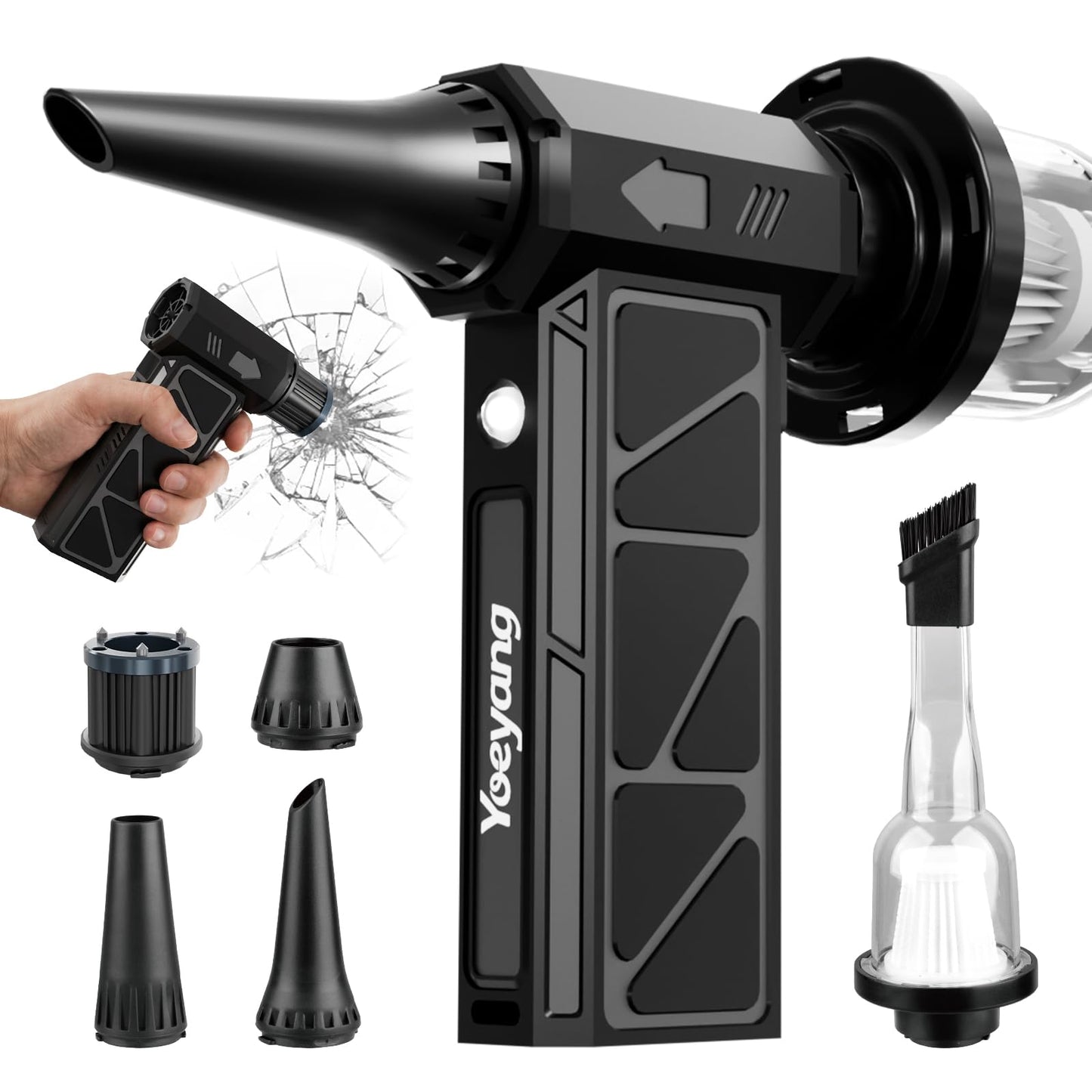 Compressed Air Duster, Industry-First O-Shaped Air Duct with 13-Blade Dual-Layer Turbo Fan, 6-in-1 Cordless Mini Blower, Vacuum & Inflator,4-Speed, LED Light & Window Breaker for Car Home, Space Black