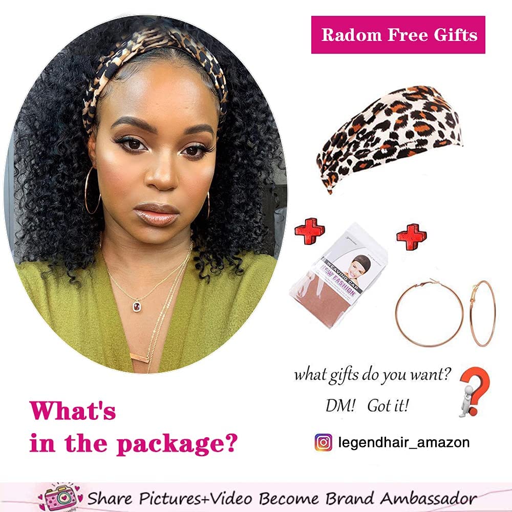 Legendhair Glueless Curly Headband Wig Human Hair Headband Wigs for Black Women Curly Wave None Lace Front Wigs with Headband Attached Machine Made Half Wigs Natural Color(14Inch)