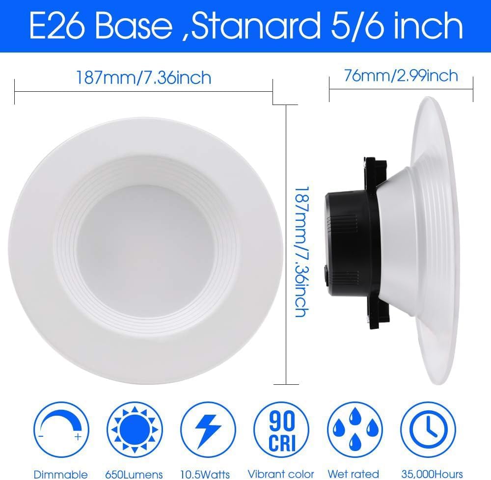 12 Pack 5/6 Inch 5CCT LED Recessed Downlight, Can Lights with Baffle Trim, Wet Rated, E26 Base, 10.5W=85W, CRI 90, Dimmable, Simple Retrofit Installation, Energy Star & ETL Listed
