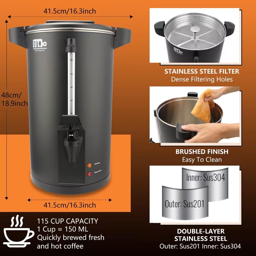 115-Cup 20L Commercial Coffee Urn, Festa Essential 1500W Double Wall Large Percolate Coffee Maker Stainless Steel Hot Water Urn Dispenser with Double Dripless Faucet, Quick-Brewing for Catering, Black