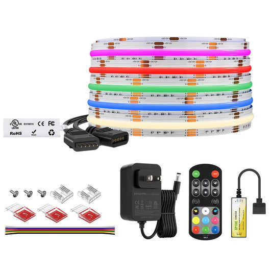 BTF-LIGHTING FCOB COB LED Strip RGBW 4000K Flexible High Density Uniform Light Kit UL Listed DC12V RF Remote Controller 16.4FT 12mm Width Color Changing for Bedroom Kitchen Home Indoor Decoration