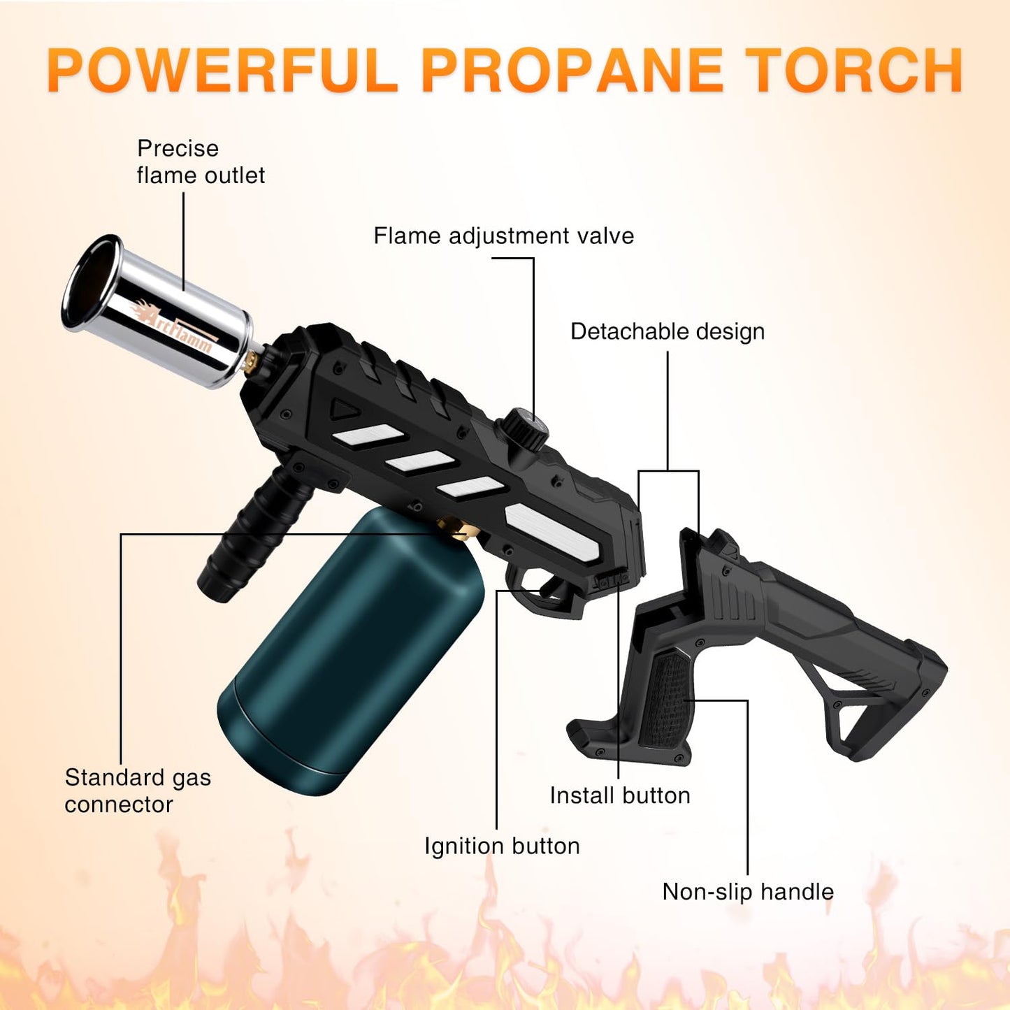 ARTFLAMM Powerful Propane Torch Gun, Kitchen Grill Torch with Detachable Design, Adjustable Flamethrower Torch Burner for Searing Steak, BBQ, Welding, Camping Charcoal Lighter(Tank Not Included)