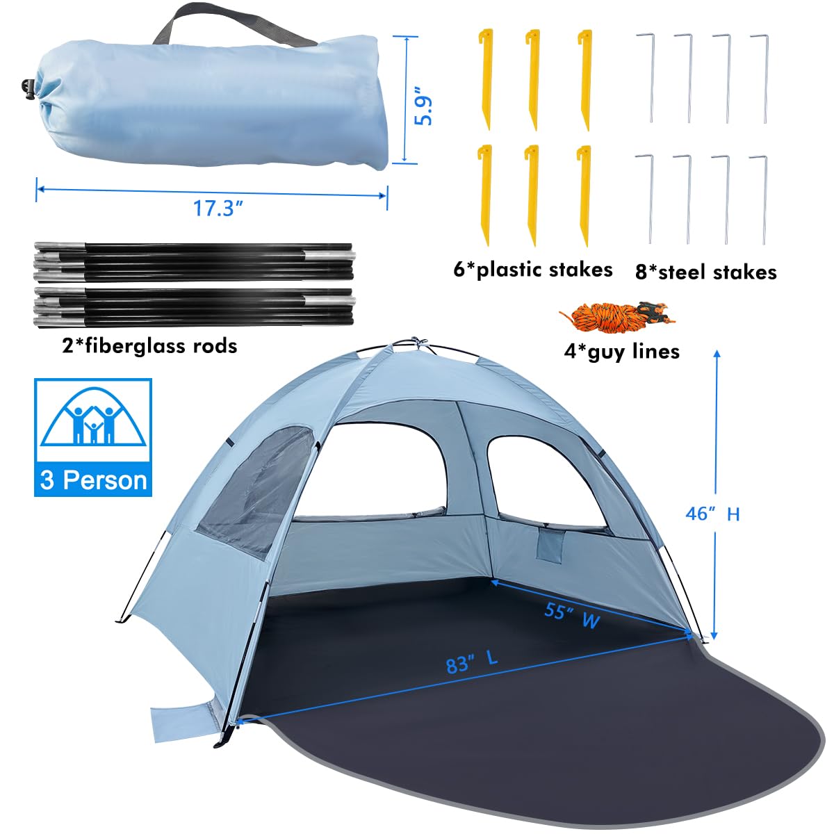 WhiteFang Beach Tent Anti-UV Portable Sun Shade Shelter for 3 Person, Extendable Floor with 3 Ventilating Mesh Windows Plus Carrying Bag, Stakes and Guy Lines (Sierra Blue)