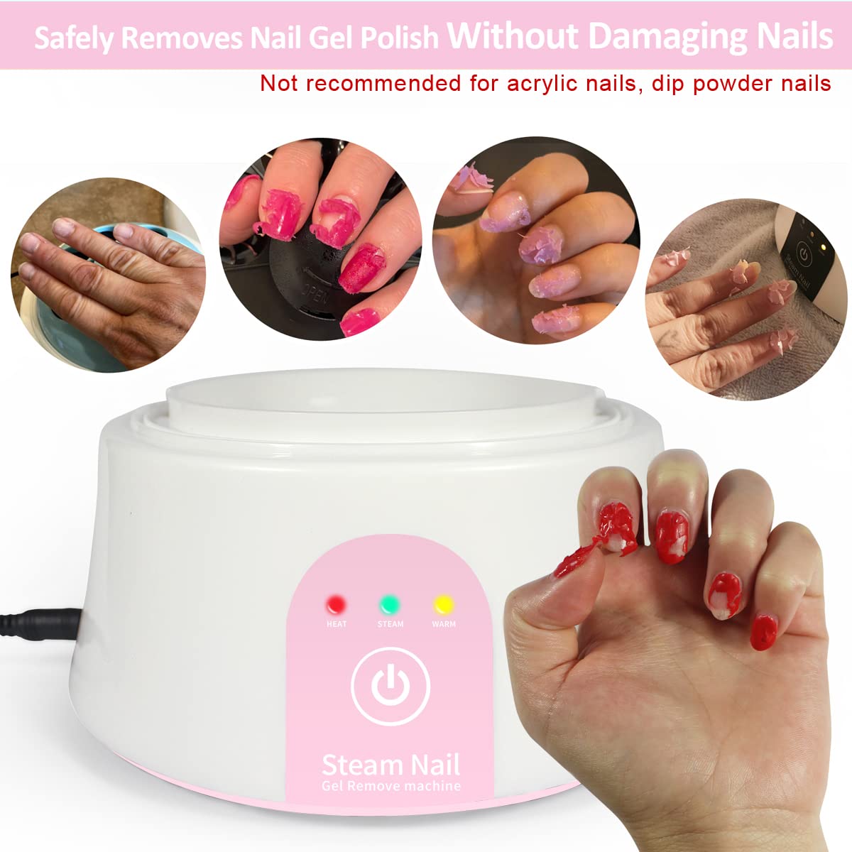 Steam Nail Polish Remover Machine Gel Nail Steamer, Remove Gel Polish Safely without Damaging Nail Bed, Pink