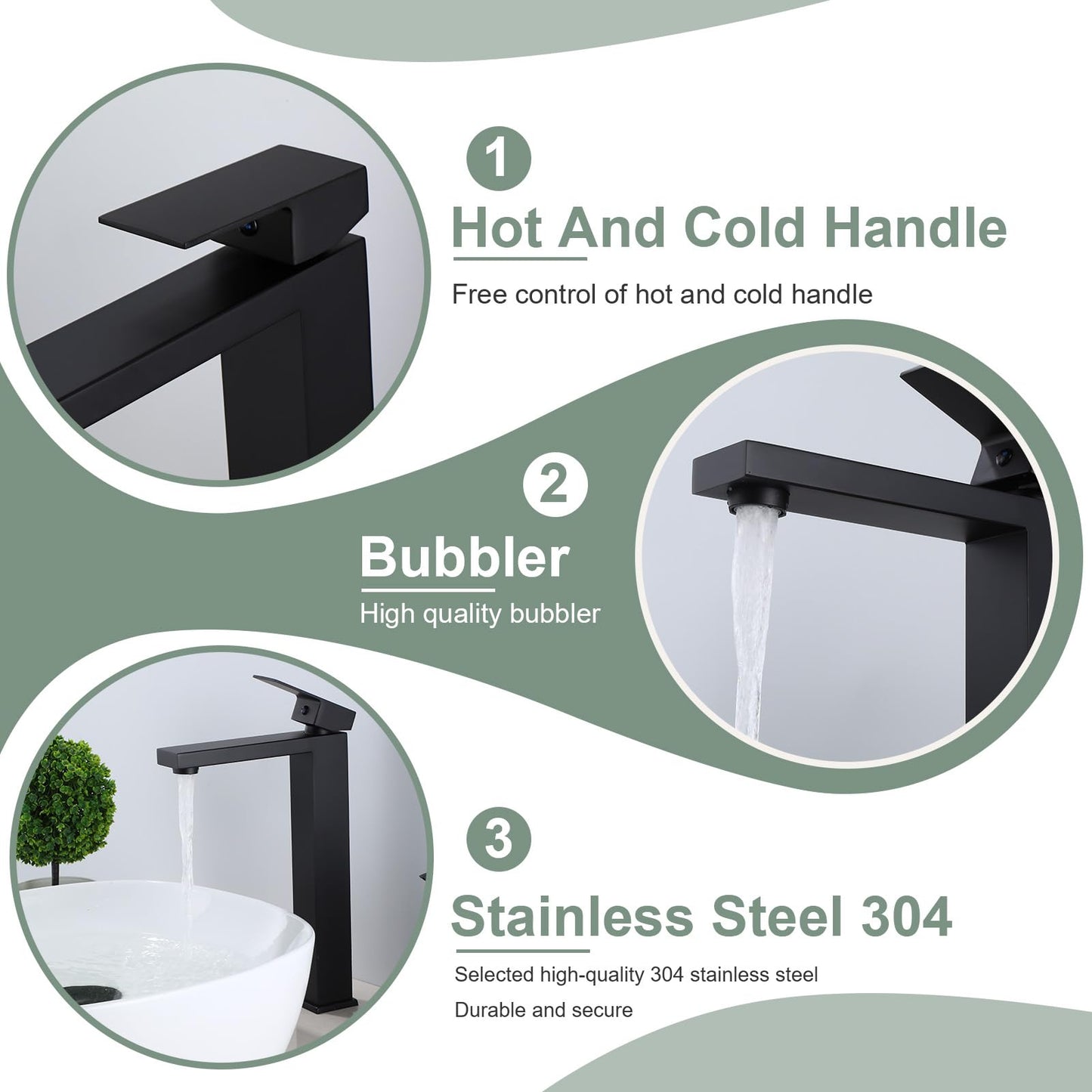 HOZKUY Matte Black Bathroom Faucet Single Handle 1 Hole Tall Bathroom Vessel Sink Faucet, 304 Stainless Steel Modern Vanity Faucet Basin Mixer Tap with Water Supply Hose and Pop Up Sink Drain