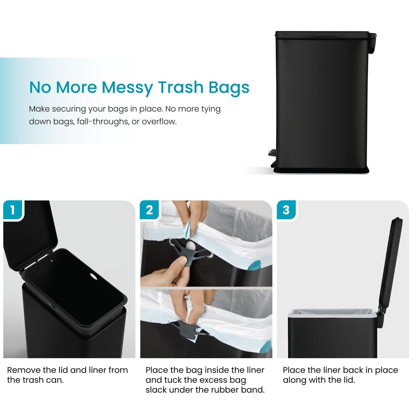 Home Zone Living 8 Gallon Slim Kitchen Trash Can with Soft Close Lid, Step Pedal, Bag Tuck Band, and Removable Liner, Stainless Steel, Matte Black, 30 Liters