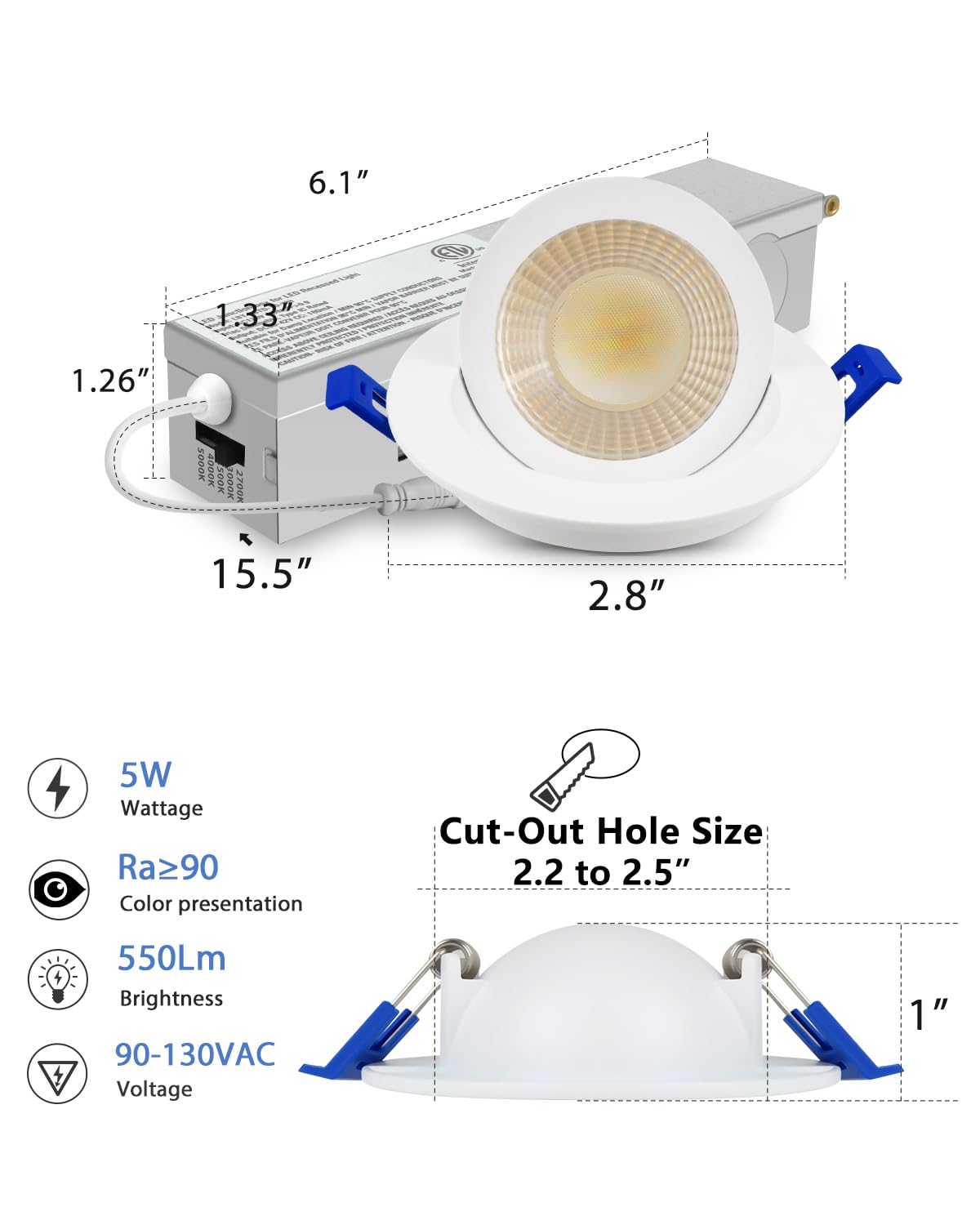 Adetu 2 Inch 5CCT Gimbal Led Recessed Lighting with Junction Box, 360°+90° Adjustable Recessed Can Lights, 2700K/3000K/3500K/4000K/5000K Selectable, 5W Eqv 50W, 550LM Brightness - ETL (White,6 Pack)