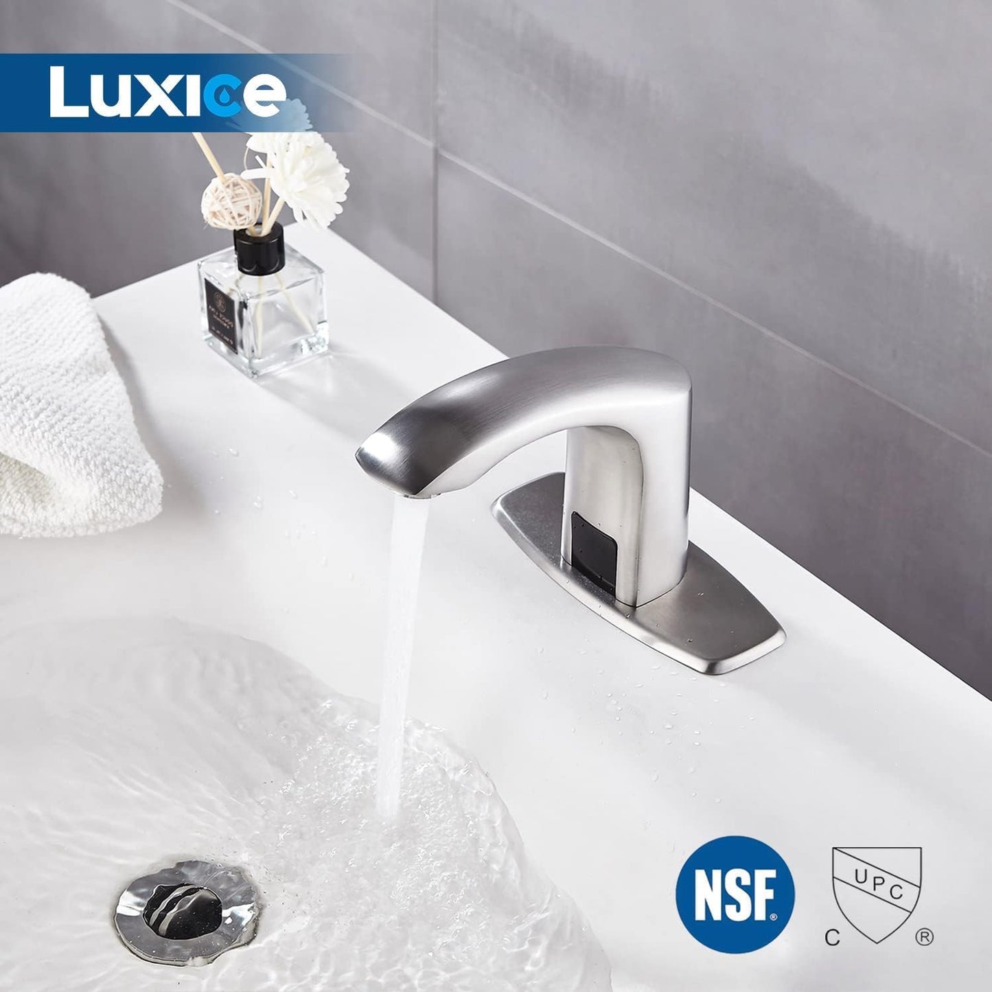 Luxice Sensor Automatic Touchless Bathroom Sink Faucet Hot & Cold Mixer Cover Plate Included Faucet, Brushed Nickel