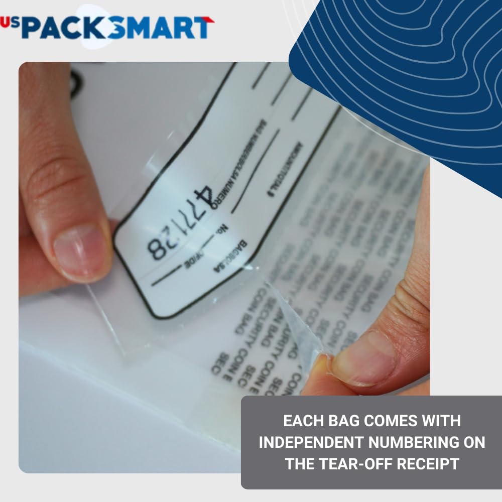 USPACKSMART Clear Plastic Coin Bag 12.5" x 21.5" | 50 lb. Capacity | Sequential Barcode Number, Self-Sealing, Permanent Adhesive | Ideal for Handling and Transport of Coins and Casino Chips | 50-Pack