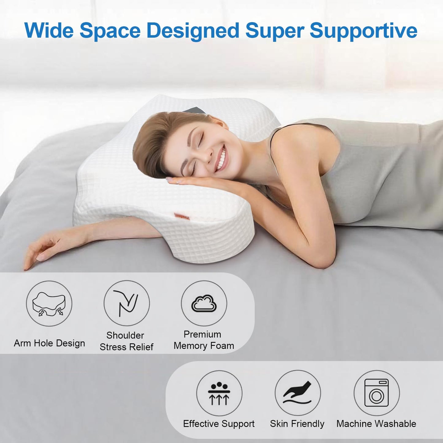 Funpkoser Side Sleeper Pillow with Arm Holes, Memory Foam Pillow for Neck Shoulder Cervical Pain Relief, Ergonomic Arm Holes Positioner Cooling Bed Pillows for Side Sleeping (Light Grey)