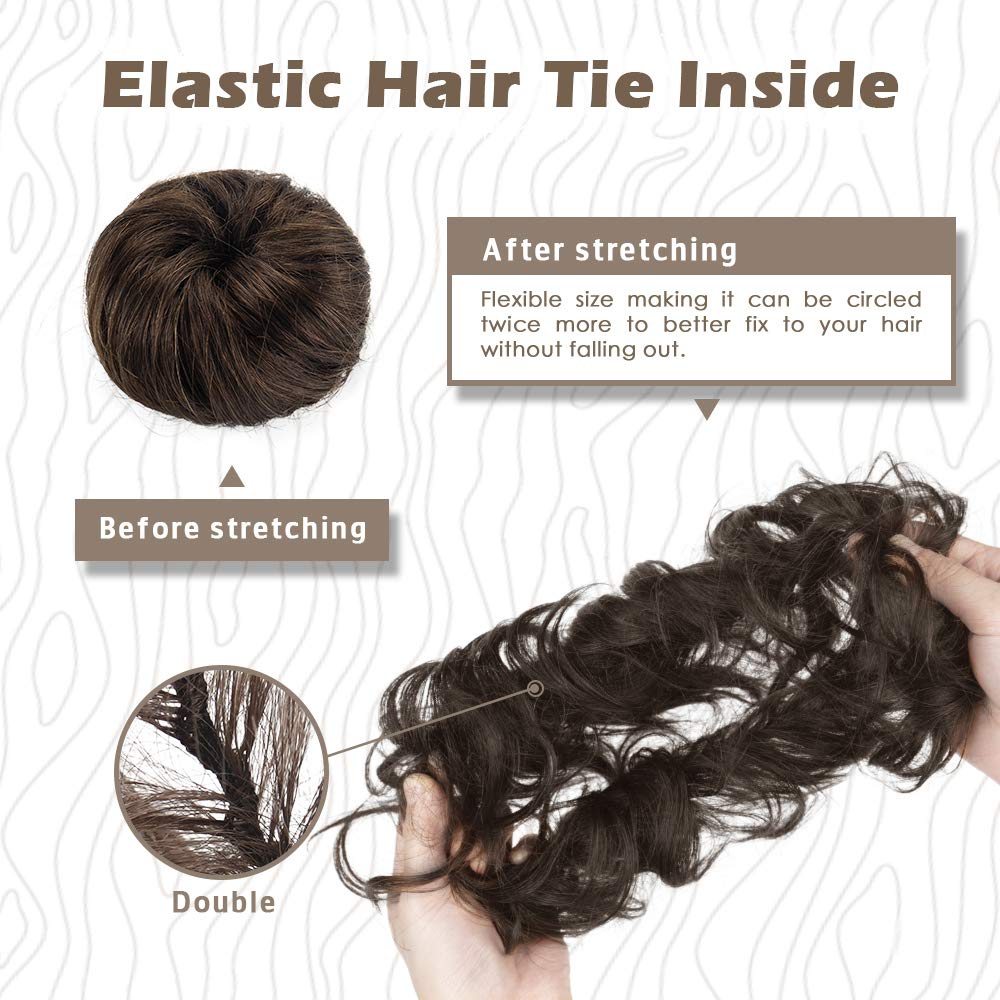 BARSDAR 100% Human Hair Bun Extension - 2 PCs Real Human Hair Messy Bun Hair Pieces Brown Hair Bun Extensions for Women - Real Human Hair Bun Scrunchies Updo Chignons Daily - Brown