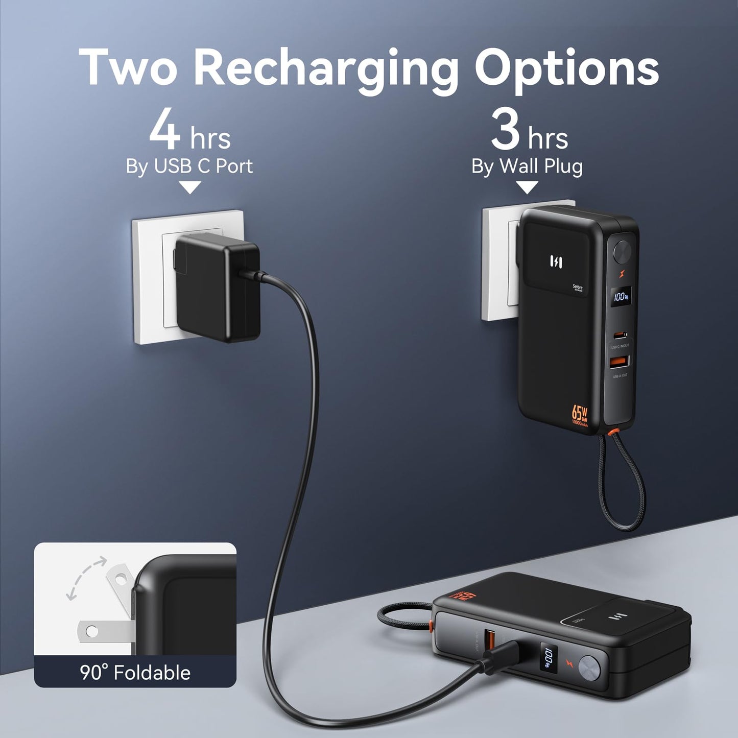 3-in-1 Portable iPhone Charger with 65W AC Wall Plug, 10,000mAh Power Bank with 35W Built-in USB-C Cable, LED Display Battery Pack Fast Charging Compatible with iPhone, iPad, MacBook, Laptop