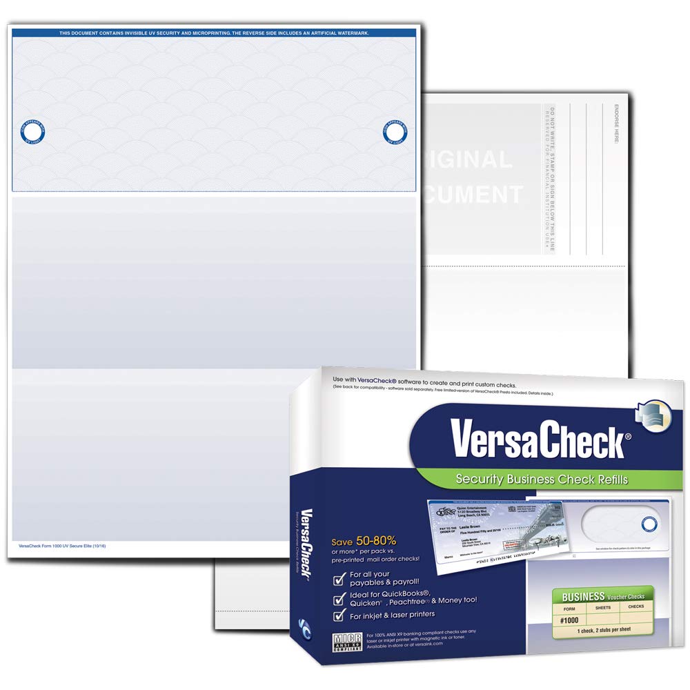 VersaCheck UV Secure Checks - 500 Blank Business Voucher Checks - Blue Elite - 500 Sheets Form #1000 - Check on Top