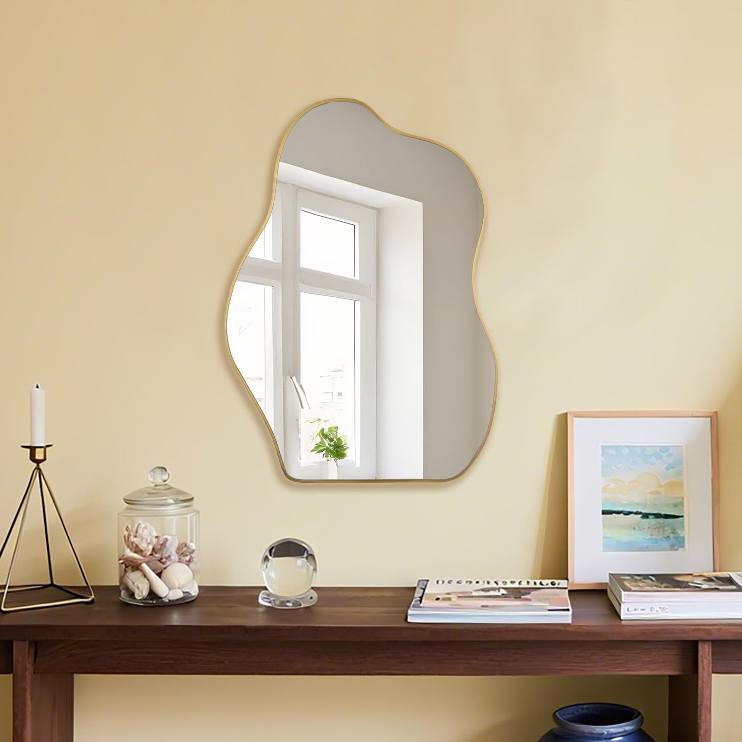 BOMINICA Irregular Wall Mirror Asymmetrical Mirror, Decorative Wall Mirror Golden Wood Framed, Wall Mounted Mirror for Bathroom Living Room Entryway Bedroom Hallway (Gold, 20" x 28")