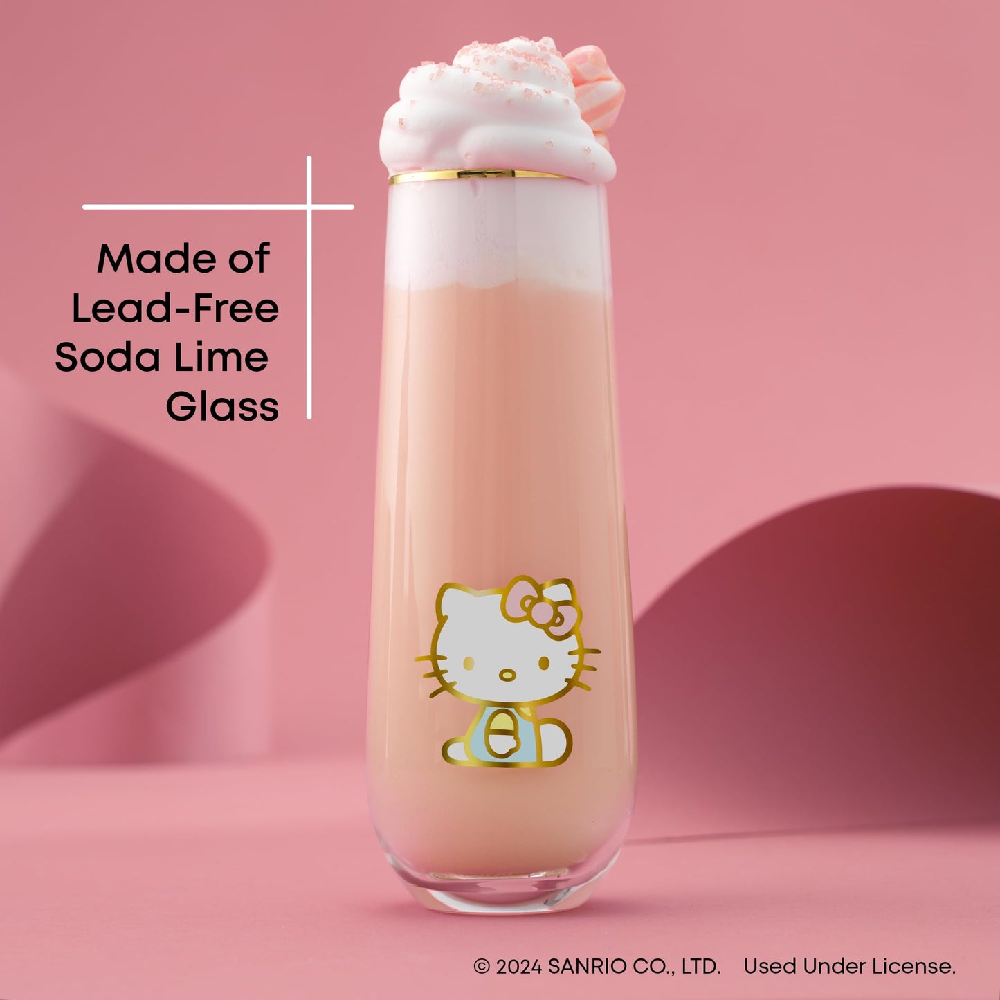JoyJolt Hello Kitty Stay Gold Stemless Flutes, 9.4oz Drinking Glasses Set of 4, Sanrio Highball Glasses, Kawaii Hello Kitty Kitchen Glass Set Ideal for Water Juice Smoothies, Skinny Tall Glasses