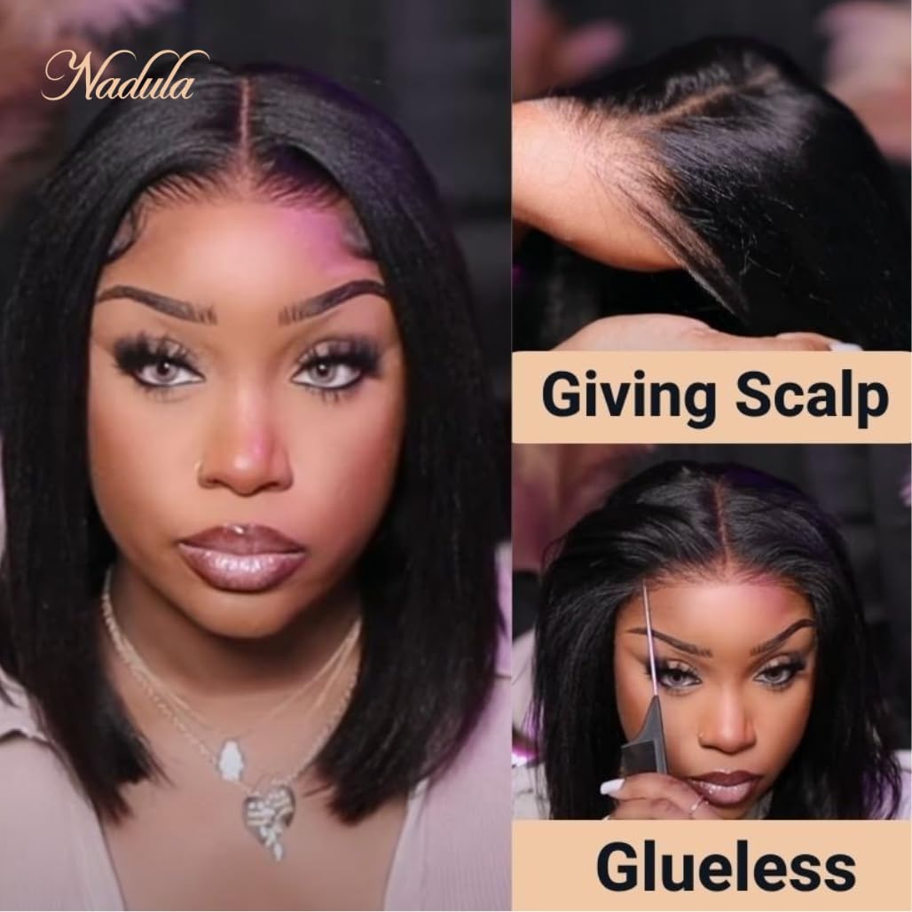 Nadula Bye Bye Knots Glueless Yaki Straight Bob 7x5 Lace Front Wigs Human Hair Pre Plucked Invisible Knots Pre Everything 3S Ready to Wear Short Yaki Bob Wigs Pre Cut 150% Density 14inch