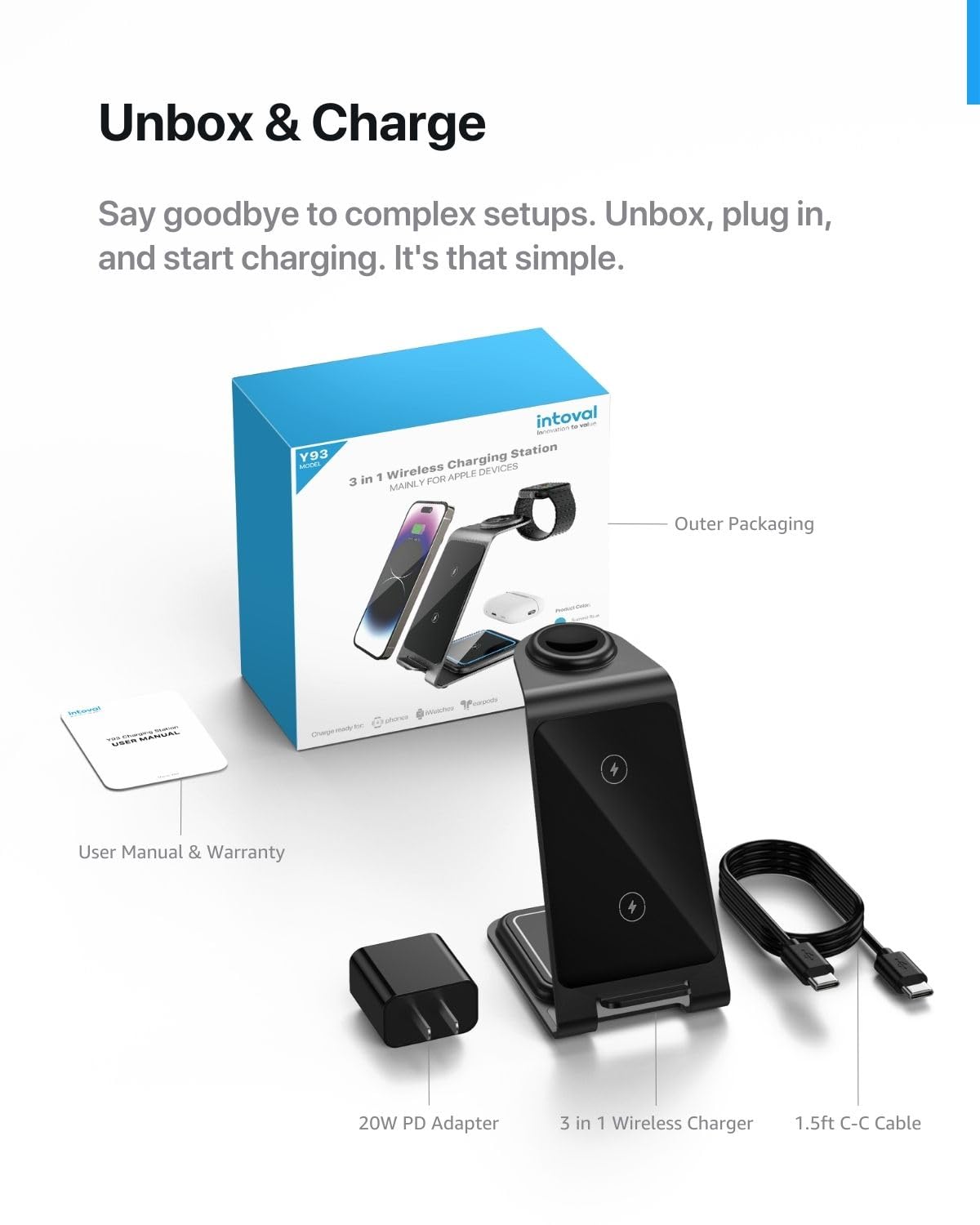 Intoval 3-in-1 Wireless Charging Station for iPhone 16 Pro/16/16 Pro Max/15 Pro/15/15 Pro Max/14 Pro/14/14 Pro Max, for Apple Watch 10/Ultra 3/SE/9/8/7/6/5/4/3/2, for AirPods 4/Pro/Pro 2/3 (Y93, Grey)