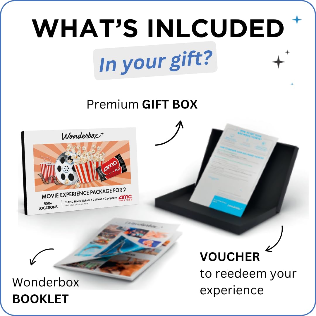 WONDERBOX AMC Movie Night Experience for 2, Gift Box with 2 Movie Tickets, Drinks & Popcorn, Valid at 550 Locations