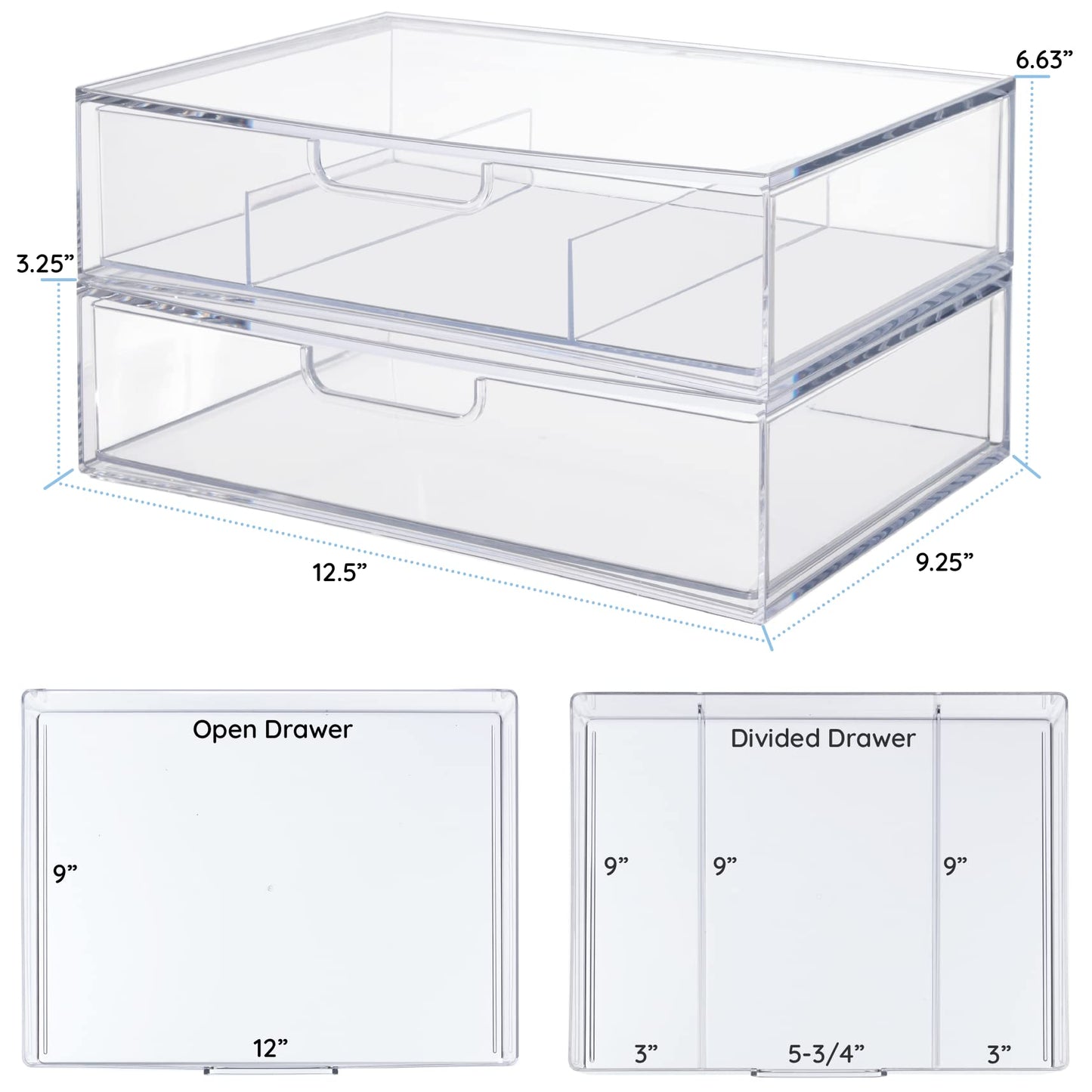 STORi Sofia 12.5” Wide Clear Stackable Open & Divided Storage Drawers, 2 Pack Plastic Organizer Bins for Makeup Palettes, Cosmetics, & Beauty Supplies, Vanity, Bathroom, Desk Organization, Made in USA