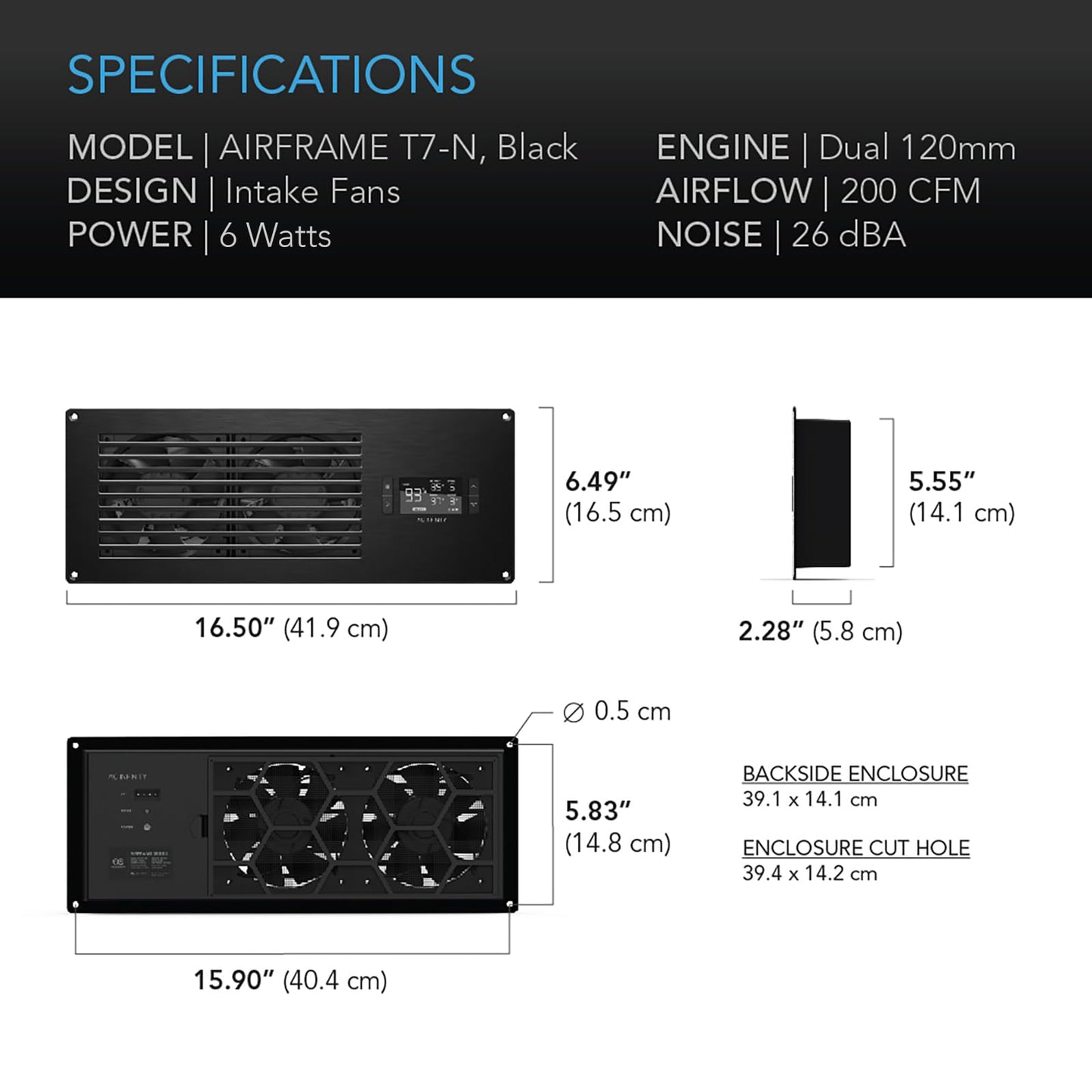 AC Infinity AIRFRAME T7-N Black, High-Airflow Cooling Fan System 17", Intake Airflow, for AV Equipment Rooms, Closets, and Enclosures