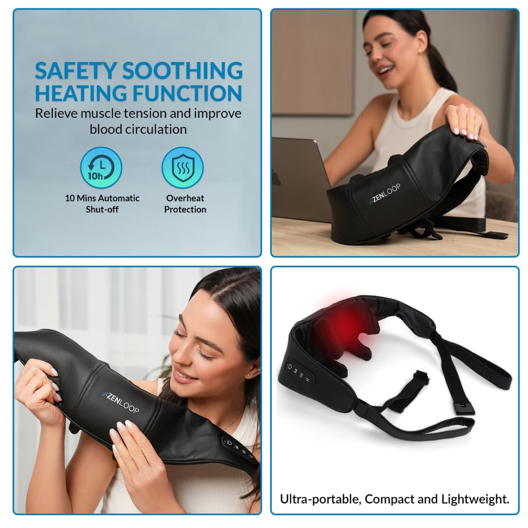ZENLOOP Ultra-Comfort Neck & Shoulder Massager - Advanced 4D Kneading Therapy with Soothing Heat - USB-C Rechargeable - Adjustable Design, Quiet Use, Extended Battery & Durable - for Home/Office/Car