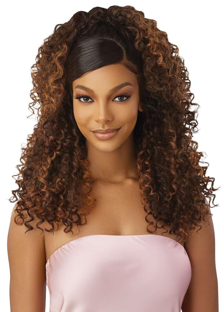 Outre Airtied 100% Fully Hand-Tied Wig - Human Hair Blend - Dominican Curly 22" (DRST2/CHOCOLATE CARAMEL)
