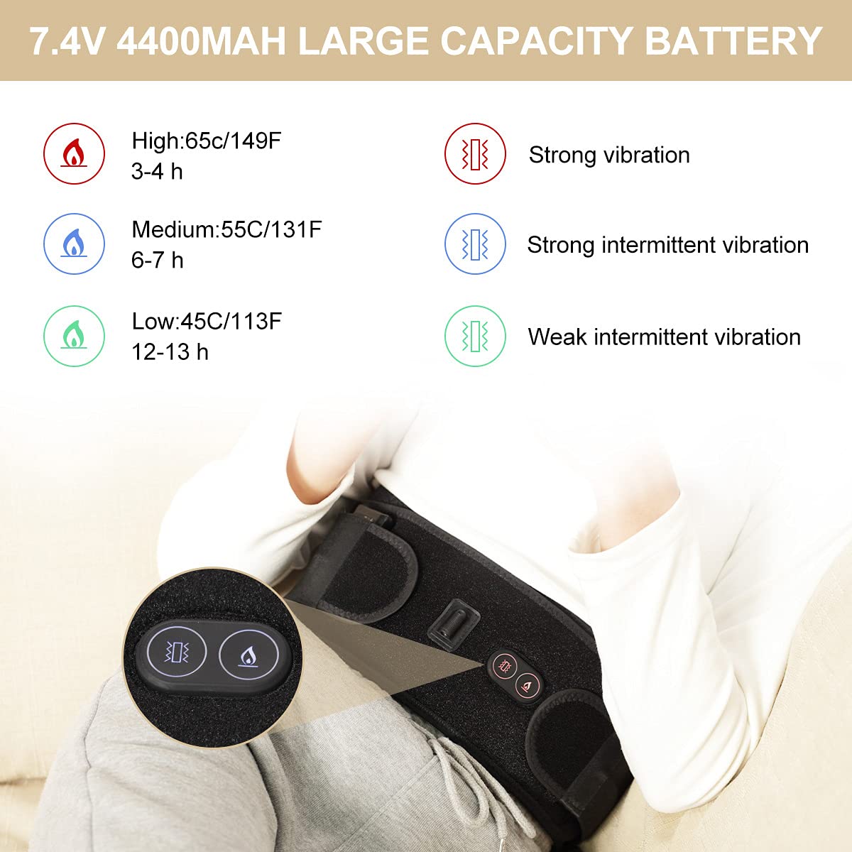 Heating Pad for Back Pain Relief, Cordless Back Massager with 7.4V 4400mAh Battery 3 Heat Settings & 3 Vibrating Modes Heated Back Brace Suitable for Abdomen Back Lumbar Spine Stomach Waist Cramps