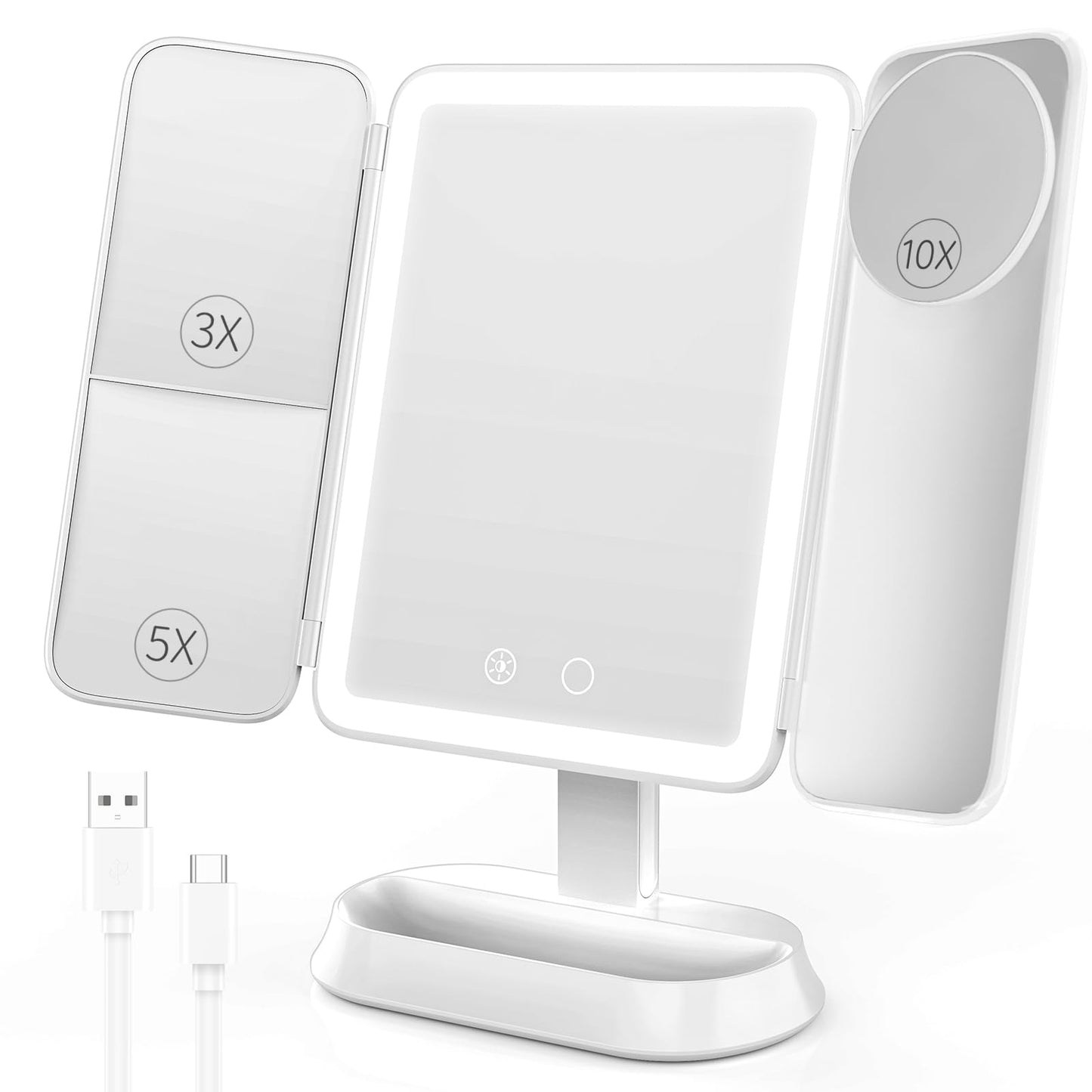 FRANO Makeup Mirror with Lights, Rechargeable Tri-Fold Magnifying Mirror,Touch Screen and 3X/5X/10X Magnification, Travel Mirror